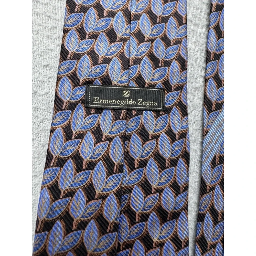 Ermenegildo Zegna Tie Brown Blue Leaf Pattern Silk‎ Made in Italy Necktie Luxury